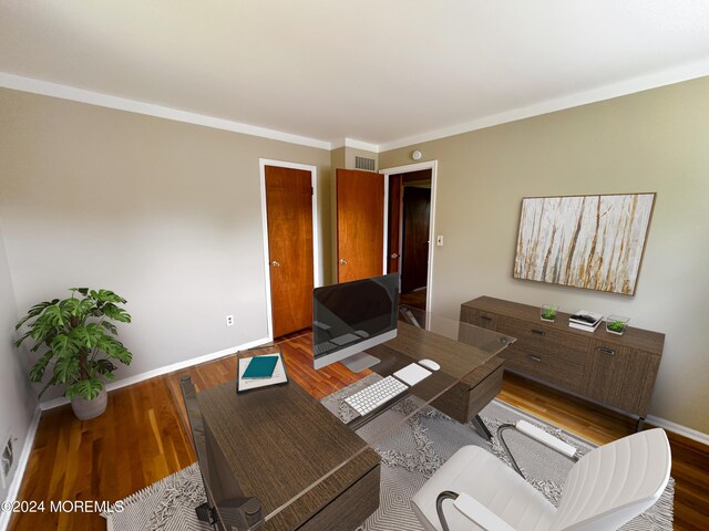 11 Green Hills Rd, East Brunswick, NJ 08816 - office area with baseboards, ornamental molding, wood finished floors, and visible vents