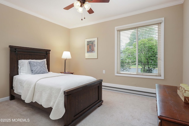 bedroom featuring a baseboard heating unit, baseboards, ornamental molding, ceiling fan, and light colored carpet