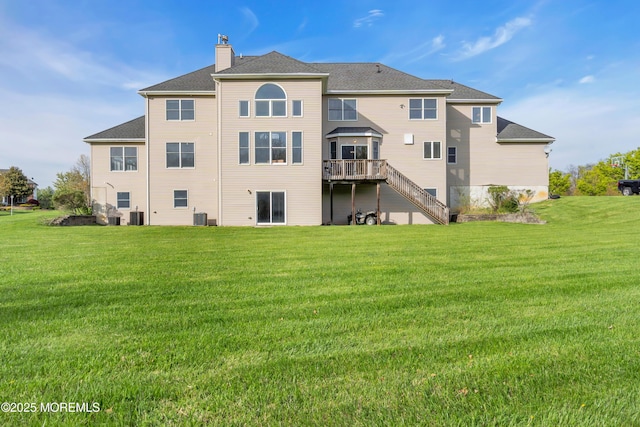 3 Scenic Way, Monroe, NJ 08831 - back of property with stairway, a chimney, a yard, cooling unit, and a wooden deck