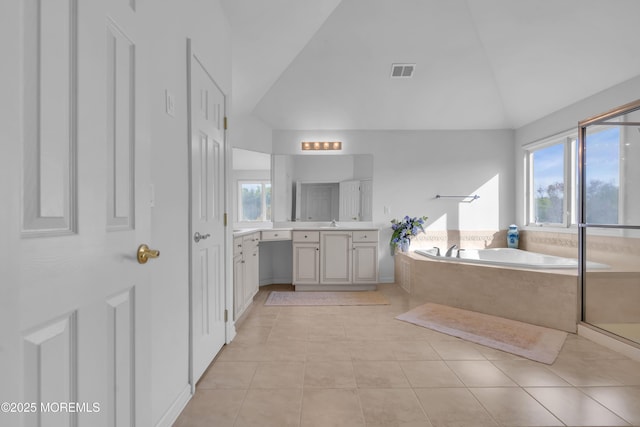 3 Scenic Way, Monroe, NJ 08831 - bathroom with vaulted ceiling, a garden tub, vanity, tile patterned flooring, and visible vents