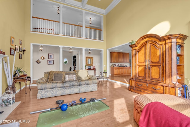 3 Scenic Way, Monroe, NJ 08831 - living area featuring wood finished floors, a towering ceiling, baseboards, ornamental molding, and ornate columns