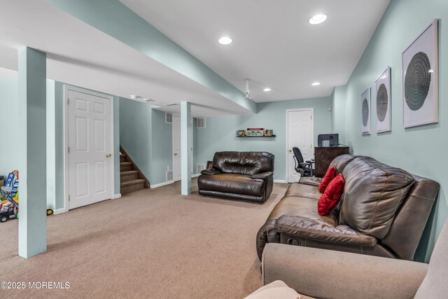 30 Frost Ln, East Windsor, NJ 08520 - living room featuring carpet, stairs, recessed lighting, baseboards, and visible vents