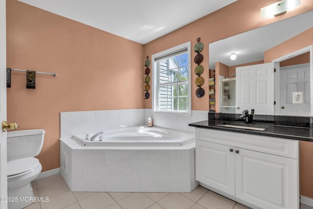 30 Frost Ln, East Windsor, NJ 08520 - bathroom with tile patterned flooring, vanity, toilet, a shower stall, and a bath