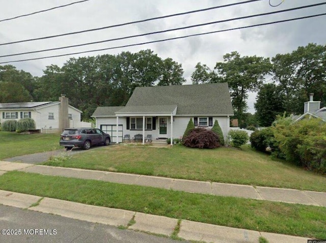 new england style home featuring an attached garage, a front lawn, and driveway