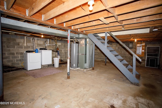 unfinished basement featuring washing machine and clothes dryer, electric panel, heating unit, water heater, and stairs