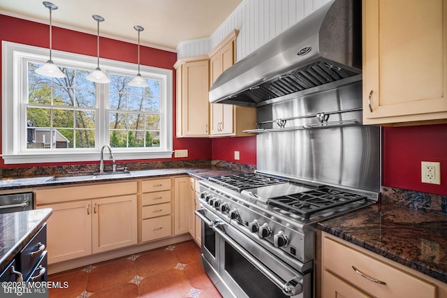 159 Sprague Ave, West Creek, NJ 08092 - kitchen with pendant lighting, light brown cabinets, wall chimney range hood, a sink, and double oven range