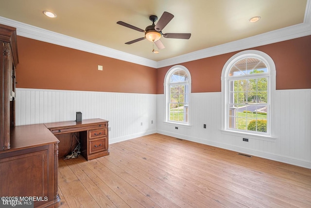 159 Sprague Ave, West Creek, NJ 08092 - unfurnished office featuring wainscoting, a ceiling fan, light wood-type flooring, visible vents, and ornamental molding