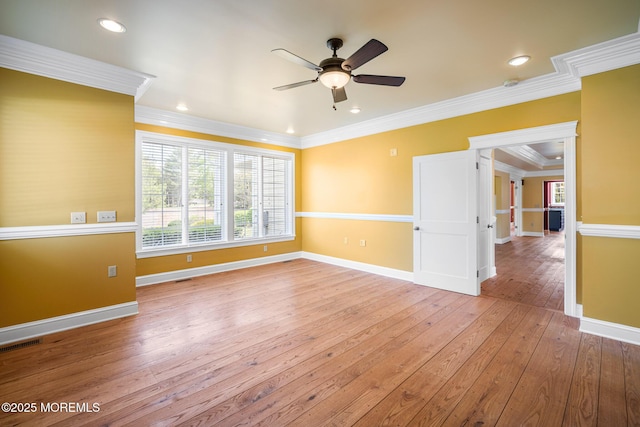 159 Sprague Ave, West Creek, NJ 08092 - empty room featuring visible vents, ornamental molding, hardwood / wood-style floors, baseboards, and ceiling fan