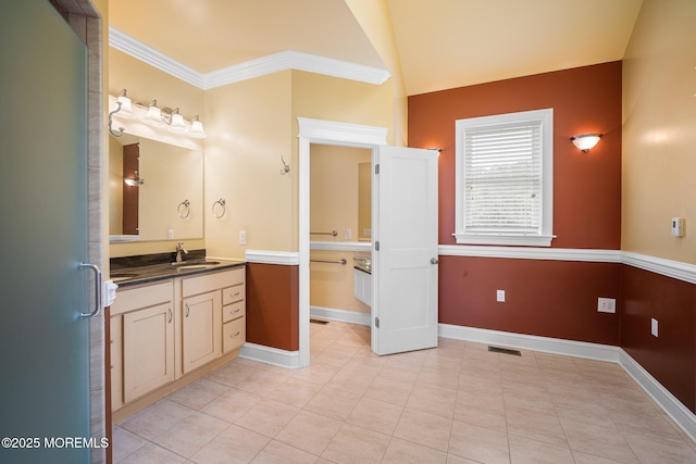 159 Sprague Ave, West Creek, NJ 08092 - full bathroom featuring visible vents, vanity, baseboards, tile patterned floors, and vaulted ceiling