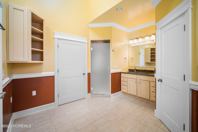 159 Sprague Ave, West Creek, NJ 08092 - bathroom with tile patterned flooring, ornamental molding, baseboards, and vanity