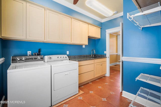 159 Sprague Ave, West Creek, NJ 08092 - washroom with cabinet space, crown molding, a sink, and washing machine and clothes dryer