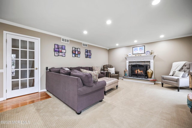 191 Robertsville Rd, Freehold, NJ 07728 - living area featuring baseboards, visible vents, recessed lighting, crown molding, and a fireplace