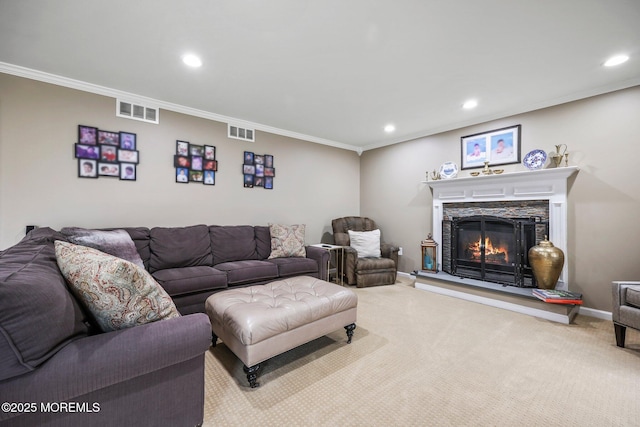 191 Robertsville Rd, Freehold, NJ 07728 - living room with visible vents, recessed lighting, carpet flooring, and crown molding