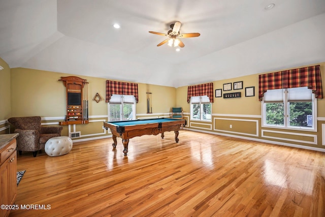 191 Robertsville Rd, Freehold, NJ 07728 - game room featuring ceiling fan, vaulted ceiling, billiards, and wood finished floors