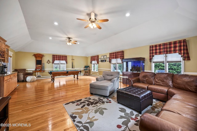 191 Robertsville Rd, Freehold, NJ 07728 - living area with light wood-type flooring, vaulted ceiling, recessed lighting, a ceiling fan, and billiards