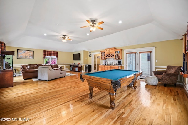 191 Robertsville Rd, Freehold, NJ 07728 - game room with vaulted ceiling, pool table, a ceiling fan, and light wood-style flooring