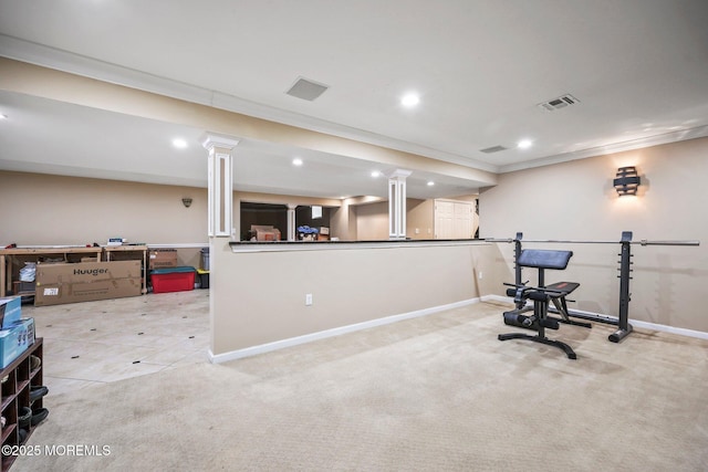 191 Robertsville Rd, Freehold, NJ 07728 - workout room featuring carpet floors, baseboards, ornamental molding, visible vents, and recessed lighting