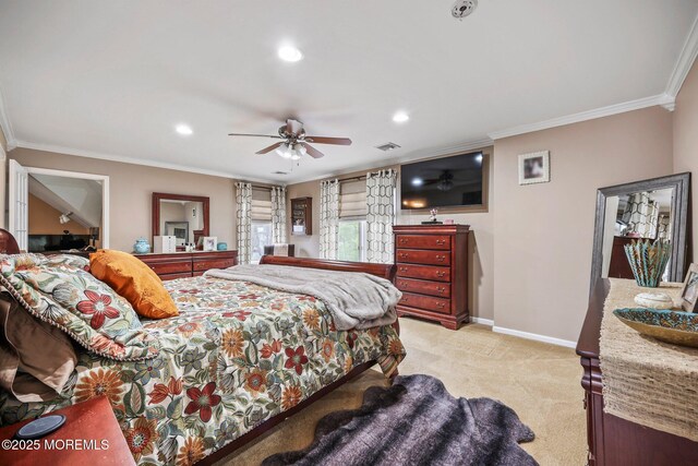 191 Robertsville Rd, Freehold, NJ 07728 - bedroom with baseboards, recessed lighting, light colored carpet, and crown molding