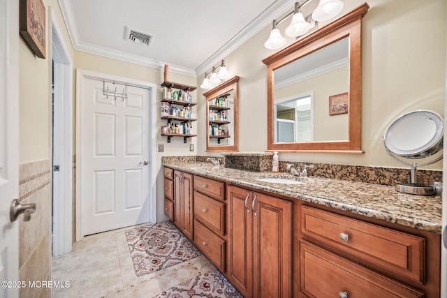 191 Robertsville Rd, Freehold, NJ 07728 - full bath with double vanity, visible vents, ornamental molding, and a sink