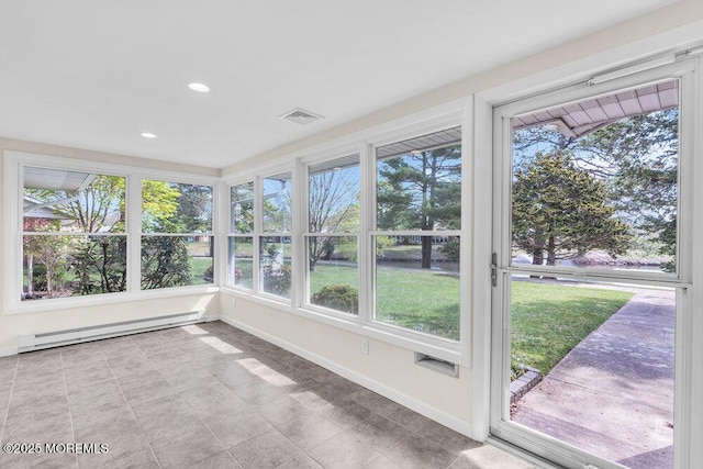 unfurnished sunroom featuring a baseboard radiator, visible vents, baseboards, and a healthy amount of sunlight