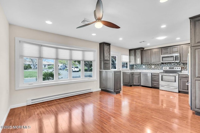 kitchen featuring stainless steel appliances, light countertops, visible vents, a baseboard heating unit, and ceiling fan