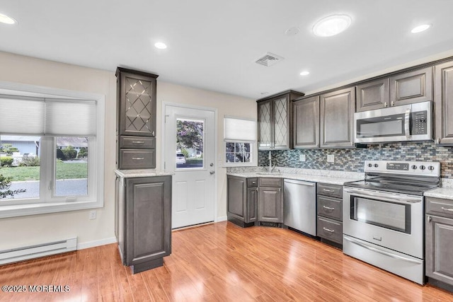 kitchen with plenty of natural light, light wood-style flooring, visible vents, and appliances with stainless steel finishes