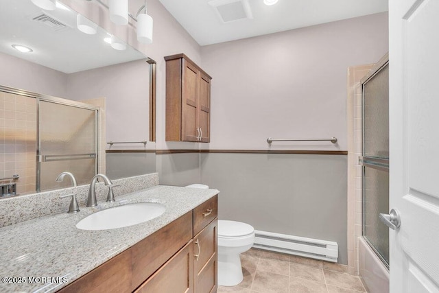full bathroom featuring visible vents, toilet, vanity, bath / shower combo with glass door, and a baseboard radiator