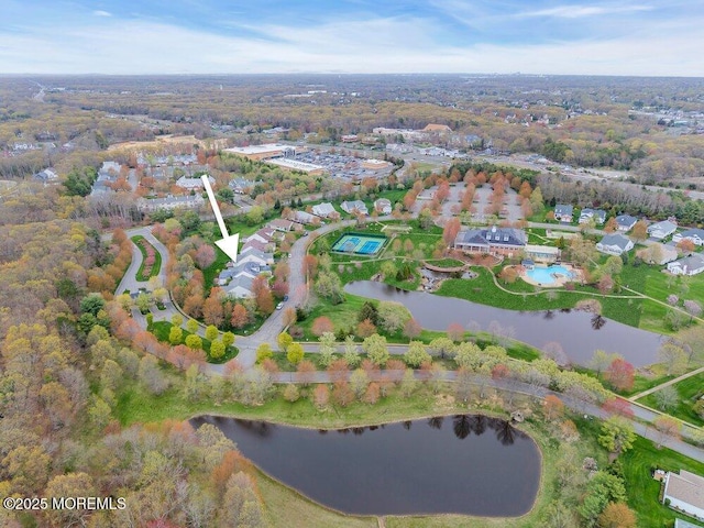 drone / aerial view featuring a water view