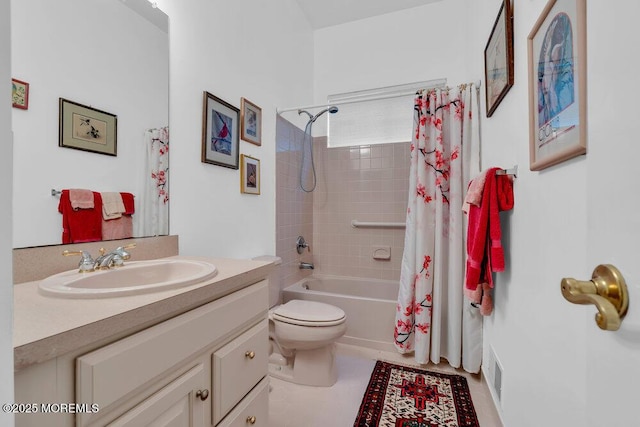 full bath with visible vents, shower / bath combination with curtain, toilet, and vanity