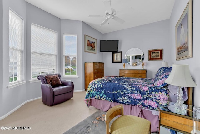 bedroom with carpet floors, baseboards, and ceiling fan