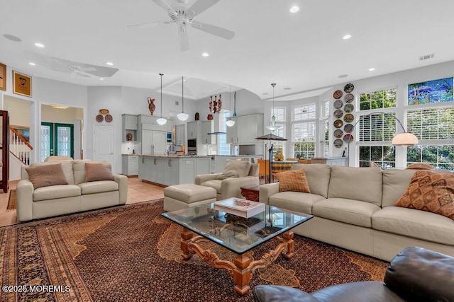 living room with recessed lighting, ceiling fan, and visible vents