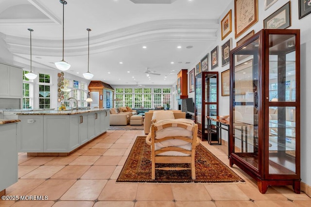 living room with recessed lighting, ceiling fan, and light tile patterned floors