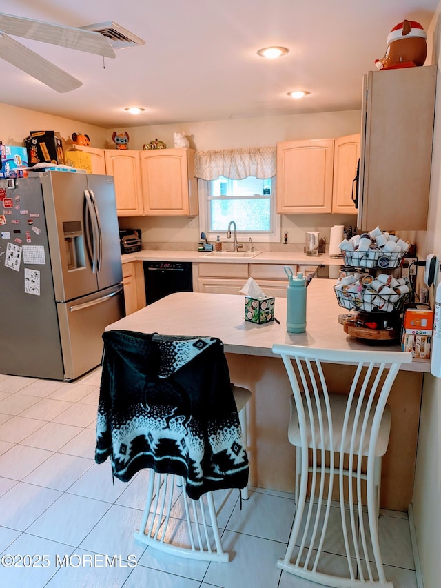 59 Chilton Ln, Aberdeen, NJ 07747 - kitchen featuring stainless steel fridge, light brown cabinetry, dishwasher, light countertops, and recessed lighting