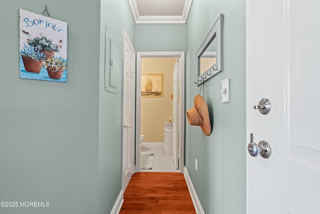 hall with crown molding, wood finished floors, and baseboards