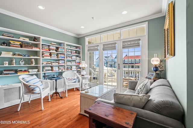 home office with ornamental molding, wood finished floors, and recessed lighting