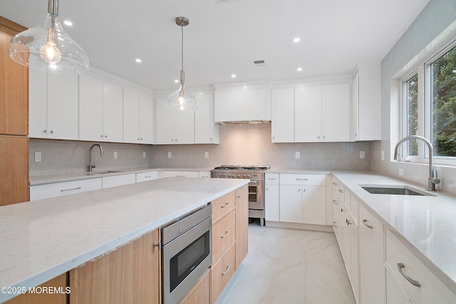 kitchen with marble finish floor, appliances with stainless steel finishes, custom exhaust hood, and a sink