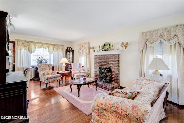 living area featuring wood finished floors and a fireplace
