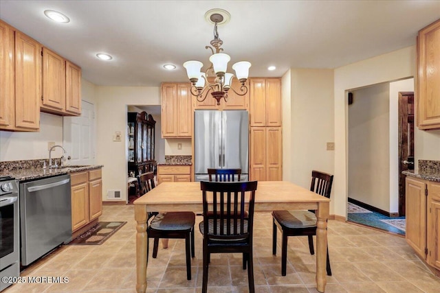 dining area featuring recessed lighting, an inviting chandelier, light tile patterned floors, and visible vents