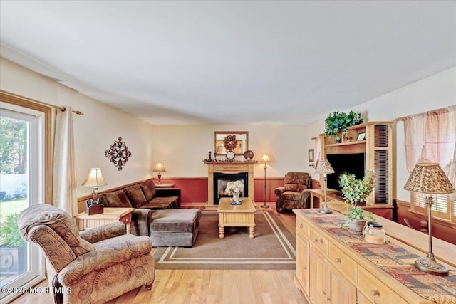 living area with light wood-style floors, a wainscoted wall, and a fireplace