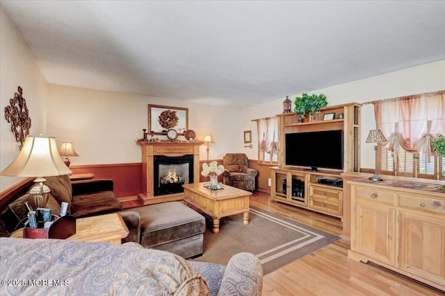 living area with a glass covered fireplace and light wood-style flooring