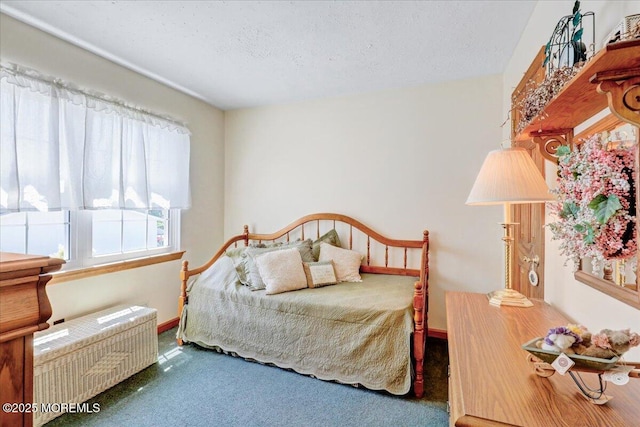 bedroom featuring carpet floors, a textured ceiling, radiator heating unit, and baseboards