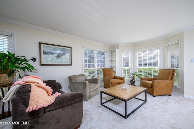 living area with crown molding and light carpet