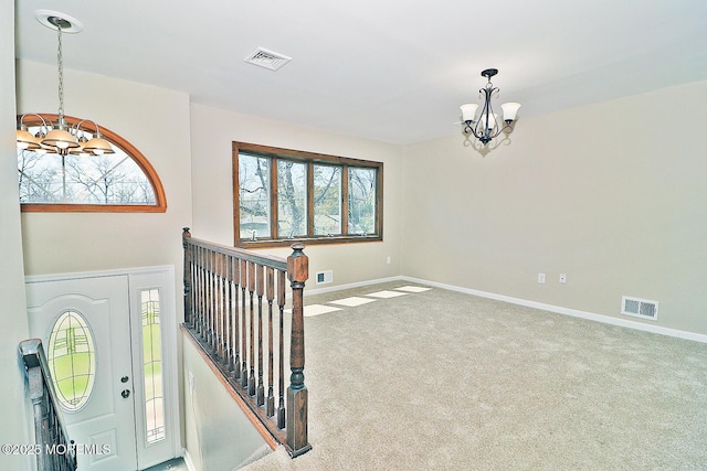 330 Dallas Dr, Toms River, NJ 08753 - interior space with baseboards, a notable chandelier, visible vents, and carpet