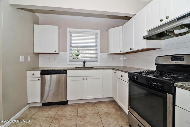 330 Dallas Dr, Toms River, NJ 08753 - kitchen with stainless steel appliances, a sink, dark stone countertops, backsplash, and under cabinet range hood