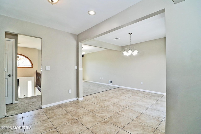 330 Dallas Dr, Toms River, NJ 08753 - spare room featuring an inviting chandelier, visible vents, light tile patterned floors, baseboards, and light colored carpet