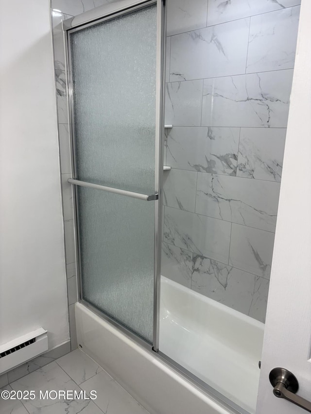 bathroom featuring shower / bath combination with glass door, marble finish floor, and a baseboard radiator