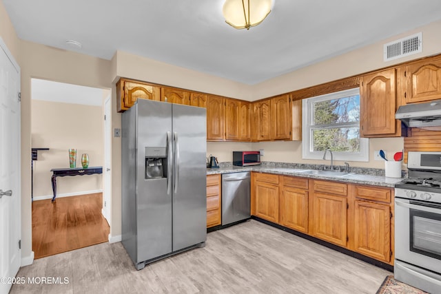 kitchen featuring a sink, under cabinet range hood, light wood-style floors, stainless steel appliances, and visible vents