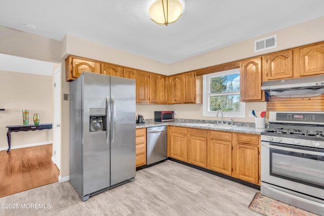 kitchen featuring a sink, stainless steel appliances, under cabinet range hood, light wood-type flooring, and visible vents