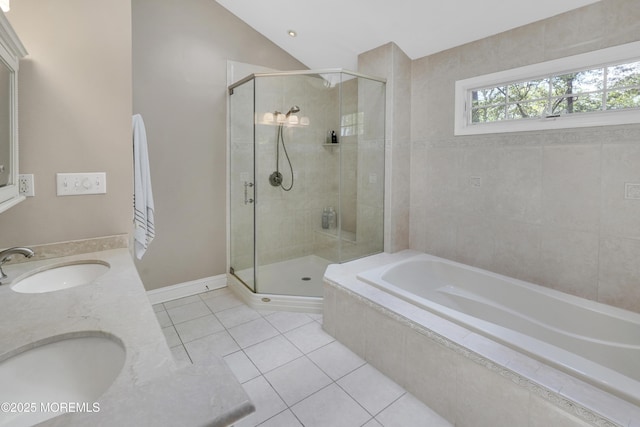 105 Tallwood Ln, Lincroft, NJ 07738 - bathroom featuring a sink, tile patterned flooring, a shower stall, and a bath