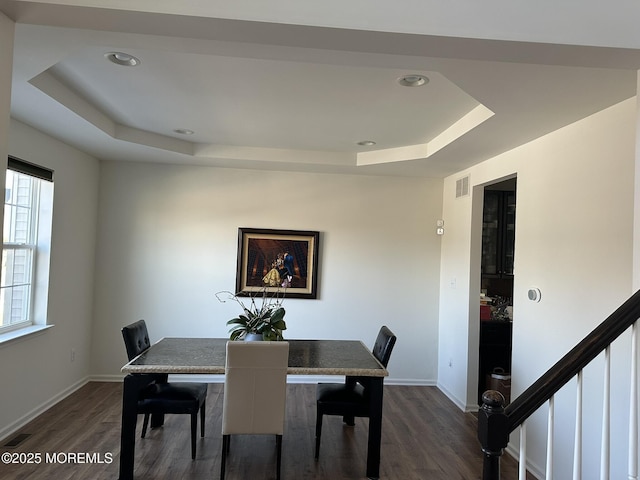 4 Christopher Dr, Howell, NJ 07731 - dining room featuring dark wood-type flooring, a tray ceiling, visible vents, and recessed lighting